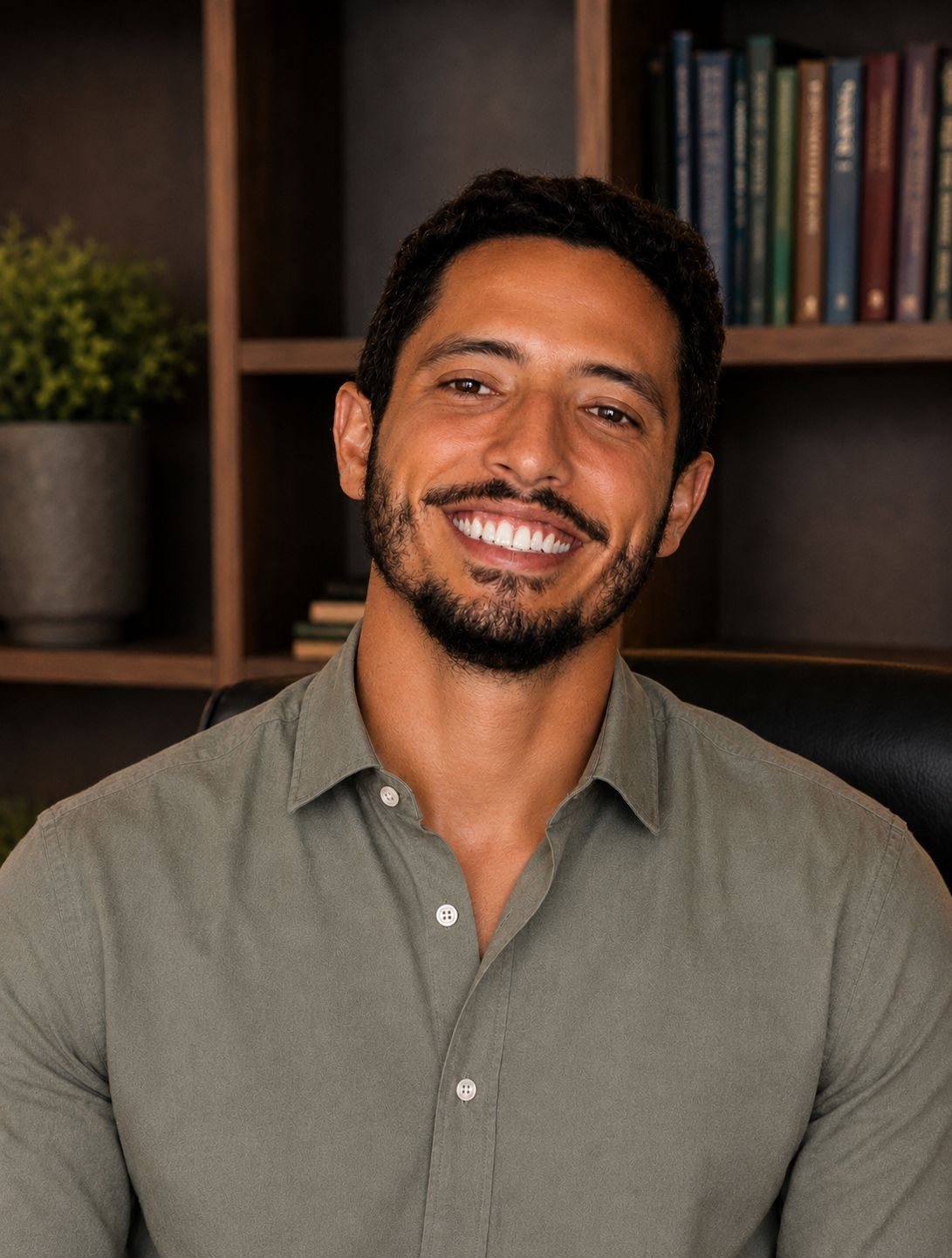 Guilherme Lustosa, psicólogo, sorrindo em seu consultório